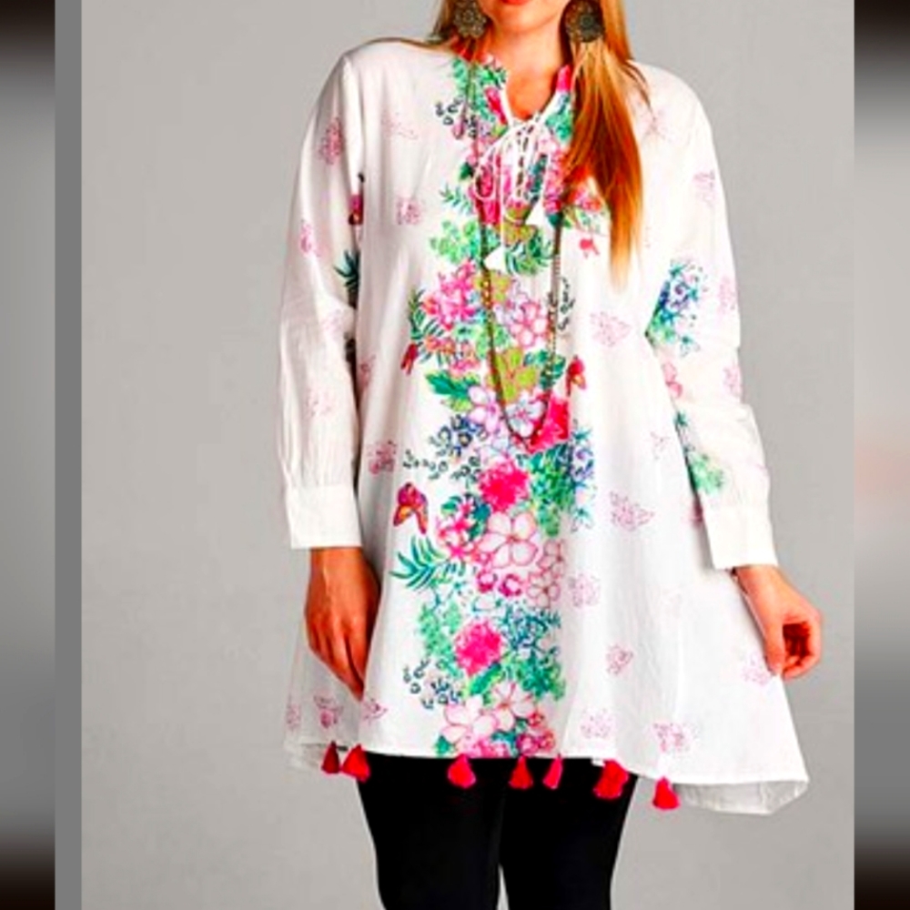 VELZERA | Off White & Pink Floral Fringe Tunic Dress. Sz 2x EUC